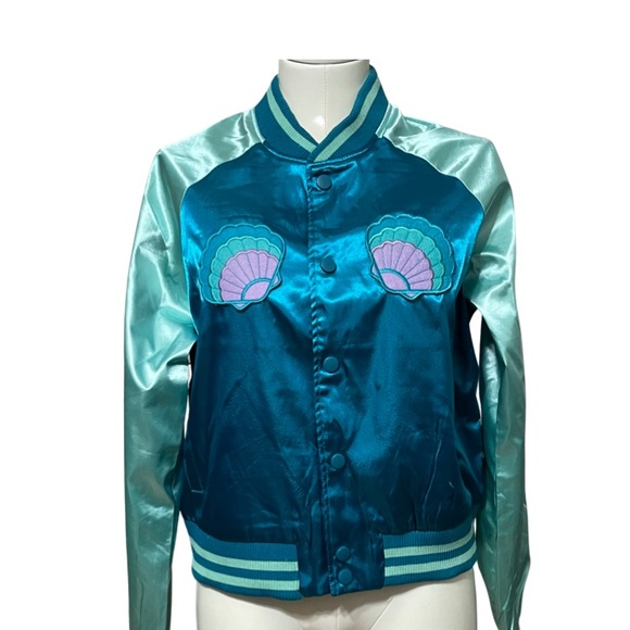 IRON FIST Mermaid For Life teal & aqua embroidered satin bomber jacket NWT - Picture 2 of 9